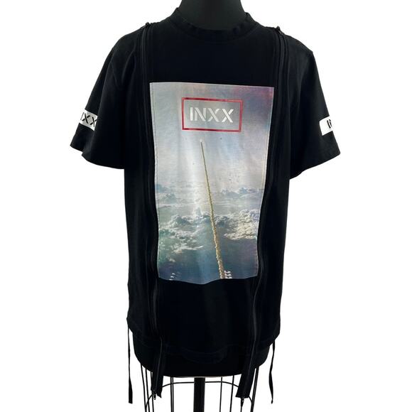 INXX Black Top Cotton Ribbed Crew Neck Graphic Front Double Zipper Size Medium M - Picture 1 of 9